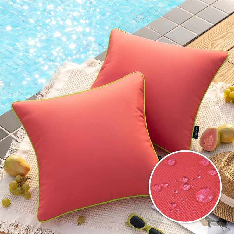 Phantoscope Pack of 2 Outdoor Waterproof Throw Pillow Covers with Contrast Piping, Decorative Square Cushion Case Patio Pillows for Couch Tent Sunbrella, Rose Pink 18x18 inches - Image 1