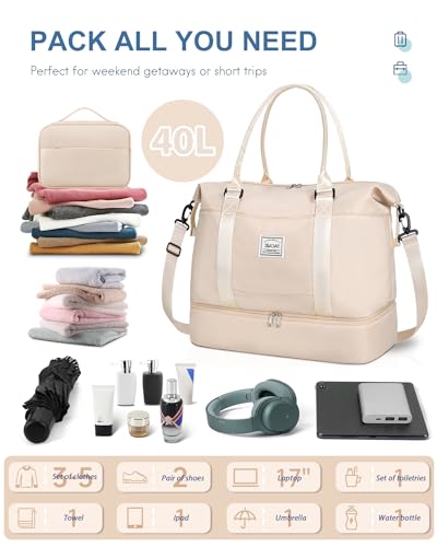 BAGAIL Travel Duffel Bag, Weekender Bags for Women, Overnight Gym Carry On Tote Bag with Wet Pocket, Hospital Mom Bag for Labor and Delivery - Extra Large Set, Beige - Image 2