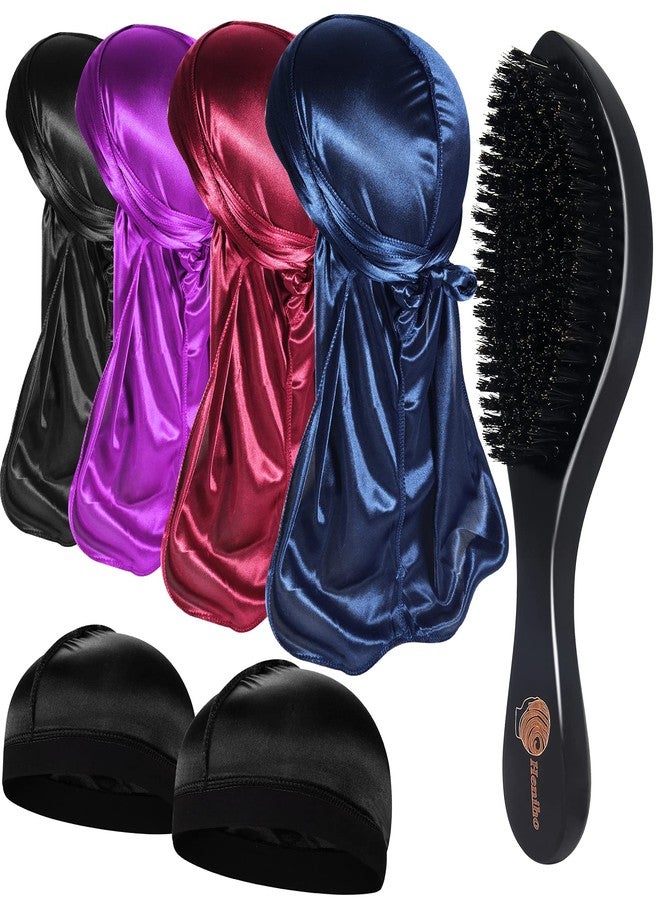 Heniho 4+2 Silky Durags with Wave Brush for Men 360, Curved Medium/Hard Hair Brush Kits,B - Image 1
