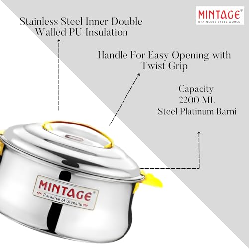 Mintage Casserole with lid 2200 ML | Roti Hot Case | Hot Case Stainless Steel | Dolphin Hot Case Hot Pot, Food Grade | Casserole Rice-Gravy-Curry, Silver Hot Box with Steel Lid Serving Bowl - Image 2