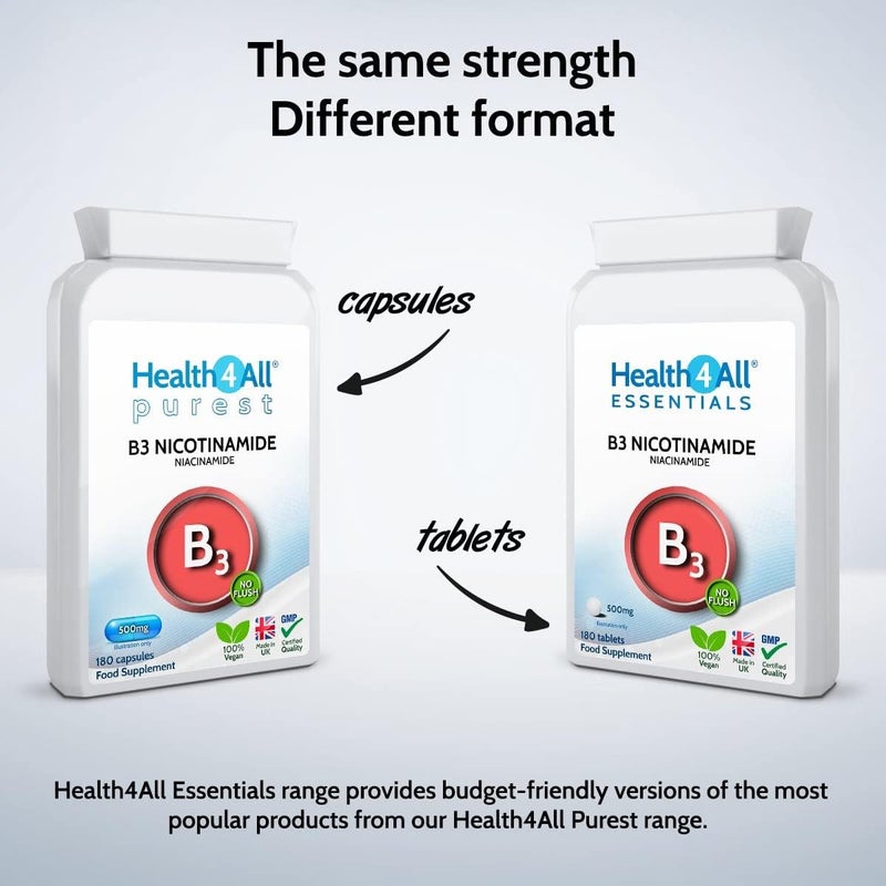 Health4All Vitamin B3 Niacin as Nicotinamide Niacinamide 500mg 240 Capsules Purest No Additives Vegan Gluten Free NoFlush Niacin Vitamin B3 Capsules Made in UK - Image 2