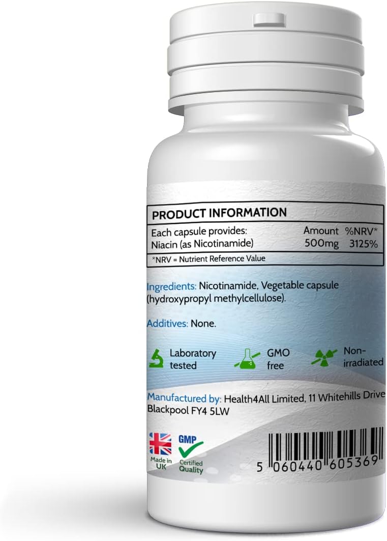 Health4All Vitamin B3 Niacin as Nicotinamide Niacinamide 500mg 240 Capsules Purest No Additives Vegan Gluten Free NoFlush Niacin Vitamin B3 Capsules Made in UK - Image 4
