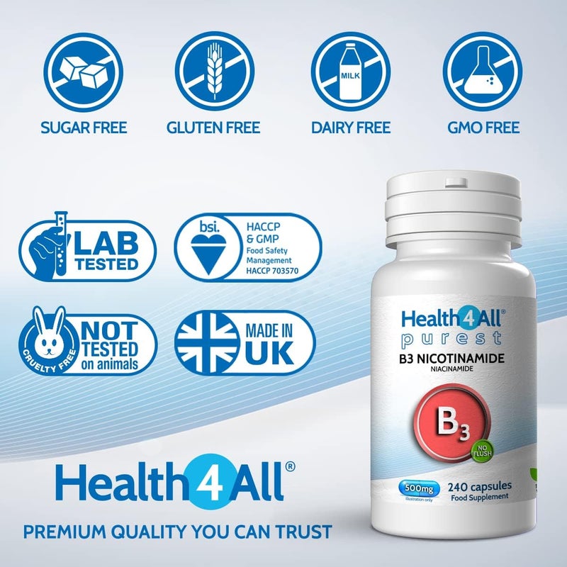 Health4All Vitamin B3 Niacin as Nicotinamide Niacinamide 500mg 240 Capsules Purest No Additives Vegan Gluten Free NoFlush Niacin Vitamin B3 Capsules Made in UK - Image 3