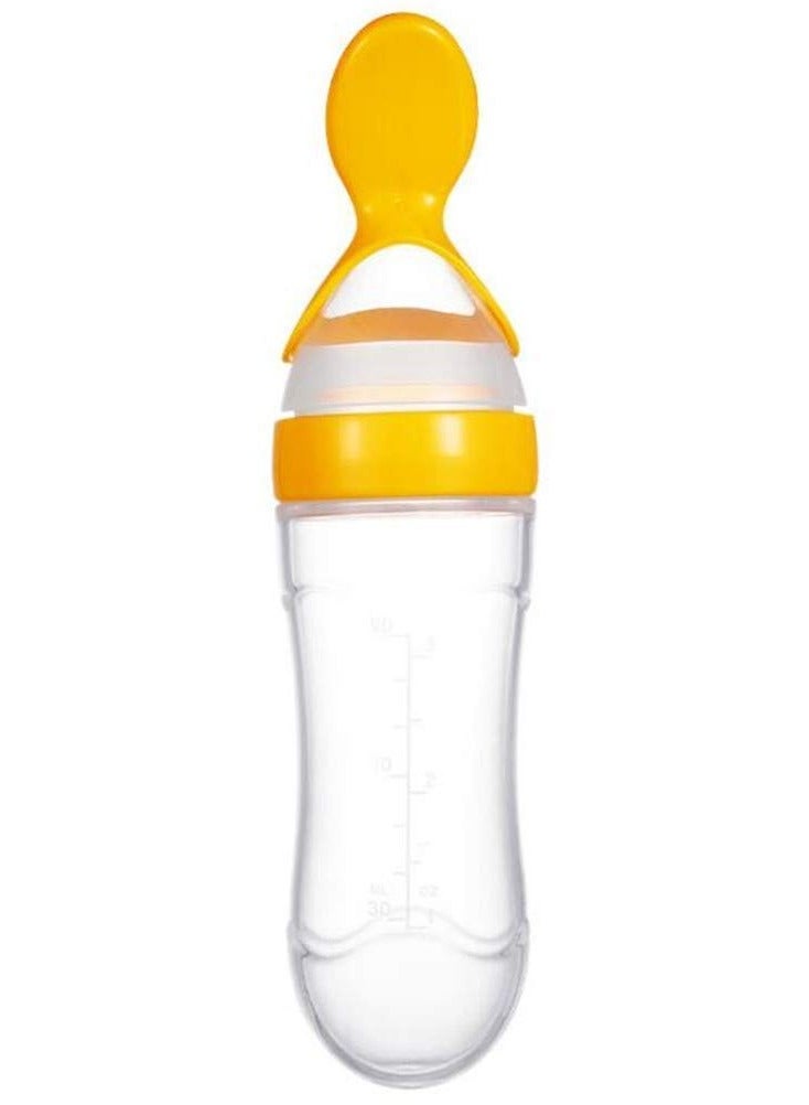 أطفال صغيرة مغذي طعام، زجاجة رضاعة من السيليكون مع ملعقة وشفط، أدوات مائدة ملعقة طعام 90 مل، أدوات مائدة تغذية متعددة الوظائف، دواء ومعالج طعام باللون الأصفر - Image 1