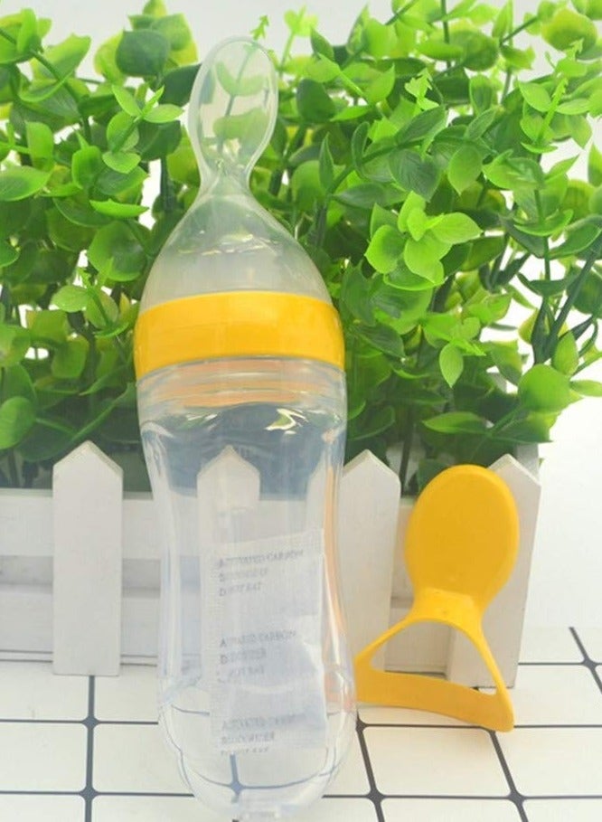 أطفال صغيرة مغذي طعام، زجاجة رضاعة من السيليكون مع ملعقة وشفط، أدوات مائدة ملعقة طعام 90 مل، أدوات مائدة تغذية متعددة الوظائف، دواء ومعالج طعام باللون الأصفر - Image 4