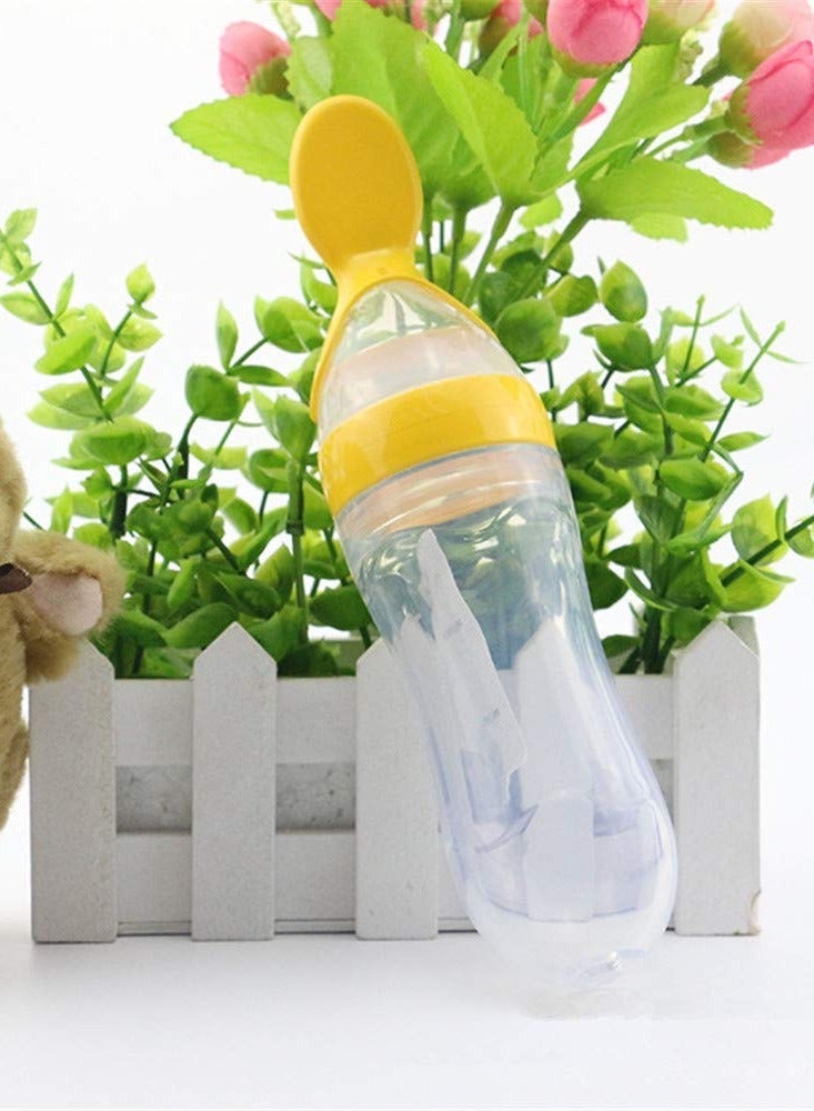 أطفال صغيرة مغذي طعام، زجاجة رضاعة من السيليكون مع ملعقة وشفط، أدوات مائدة ملعقة طعام 90 مل، أدوات مائدة تغذية متعددة الوظائف، دواء ومعالج طعام باللون الأصفر - Image 3