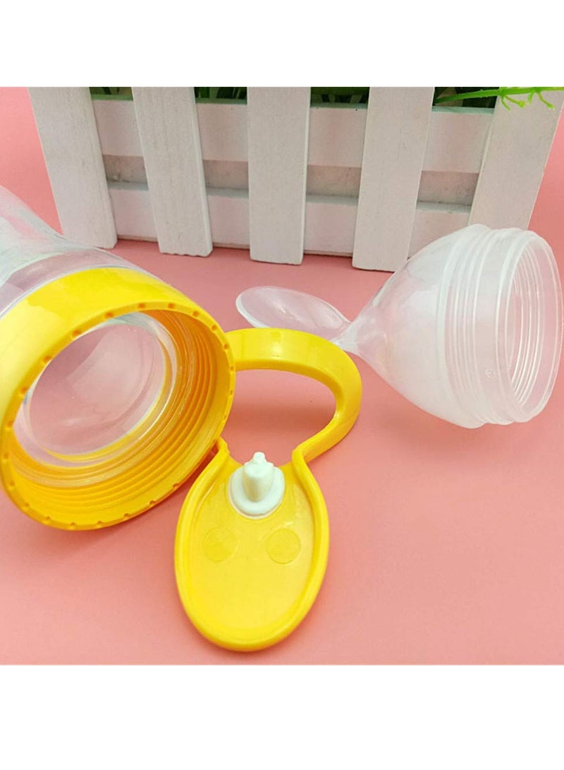 أطفال صغيرة مغذي طعام، زجاجة رضاعة من السيليكون مع ملعقة وشفط، أدوات مائدة ملعقة طعام 90 مل، أدوات مائدة تغذية متعددة الوظائف، دواء ومعالج طعام باللون الأصفر - Image 5