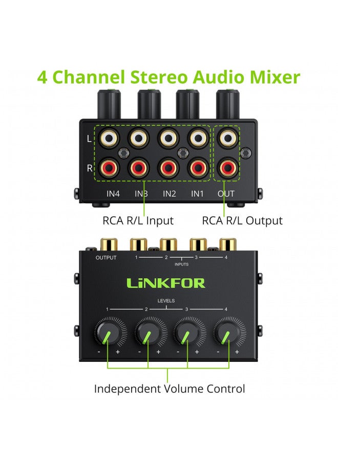 LiNKFOR 4 Channel Stereo Audio Mixer CX400 Metal Shell Support RCA Input and Output Mini Passive Stereo Mixer with Separate Volume Controls - Image 2