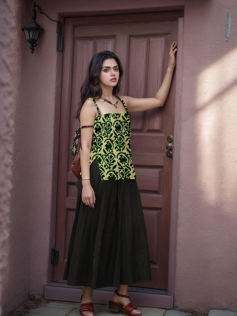 Aahwan Green Printed Square Neck Sleeveless Backless Short Indo-Western Ethnic Kurti Top for Women's & Girl's (356-Green-L) - Image 5