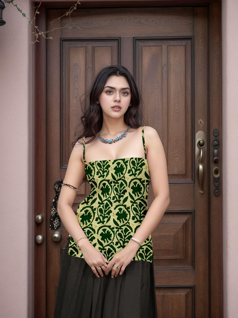 Aahwan Green Printed Square Neck Sleeveless Backless Short Indo-Western Ethnic Kurti Top for Women's & Girl's (356-Green-L) - Image 4