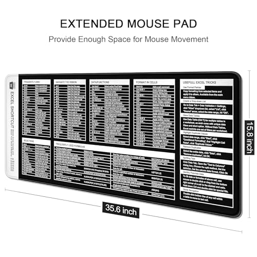 Auhoahsil Excel Shortcut Mouse Pad, Large Excel Cheat Sheet Desk Pad, XXL Extended Computer Mousepad, Office Desk Mat for Laptop and Keyboard, Non-Slip Rubber, Stitched Edges, 35.4"x15.7", Black - Image 4