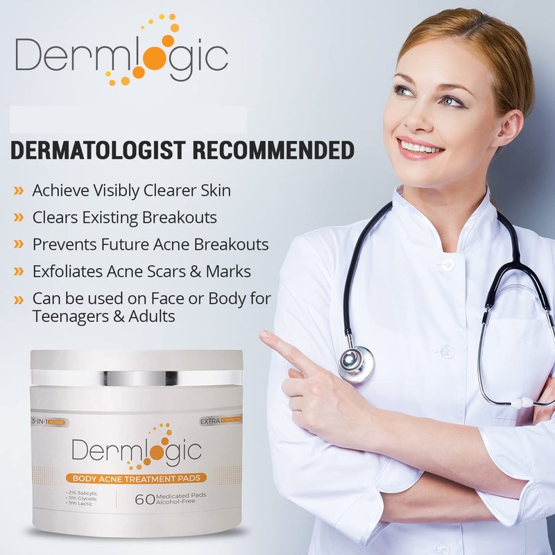 Dermlogic Acne Treatment Pads-Contains Glycolic, Lactic, Salicylic Acid. Eliminates Oily Skin, Clogged Pores & Cystic Breakouts. Removes Dark Spots, Whitehead & Blackhead Pimples for Face & Body. - Image 2