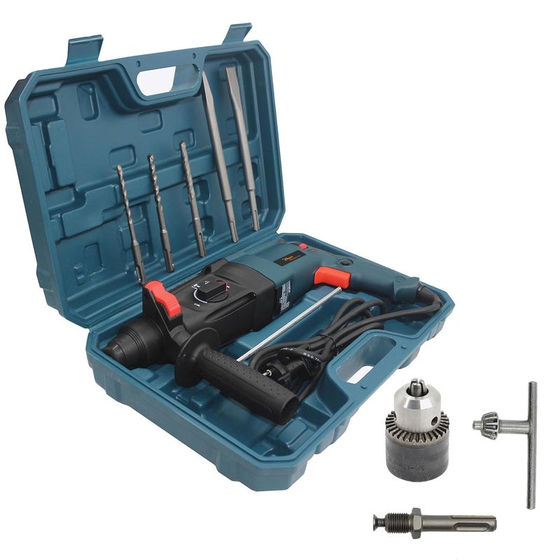 Hillgrove HGCM1031M6 26mm 1200W Hammer Impact Drill Machine ForwardReverse Rotation with 5Pcs SDS Plus Bits and Drill Chunk13mmSDS Adapter for Making Holes in MetalWoodConcrete - Image 1