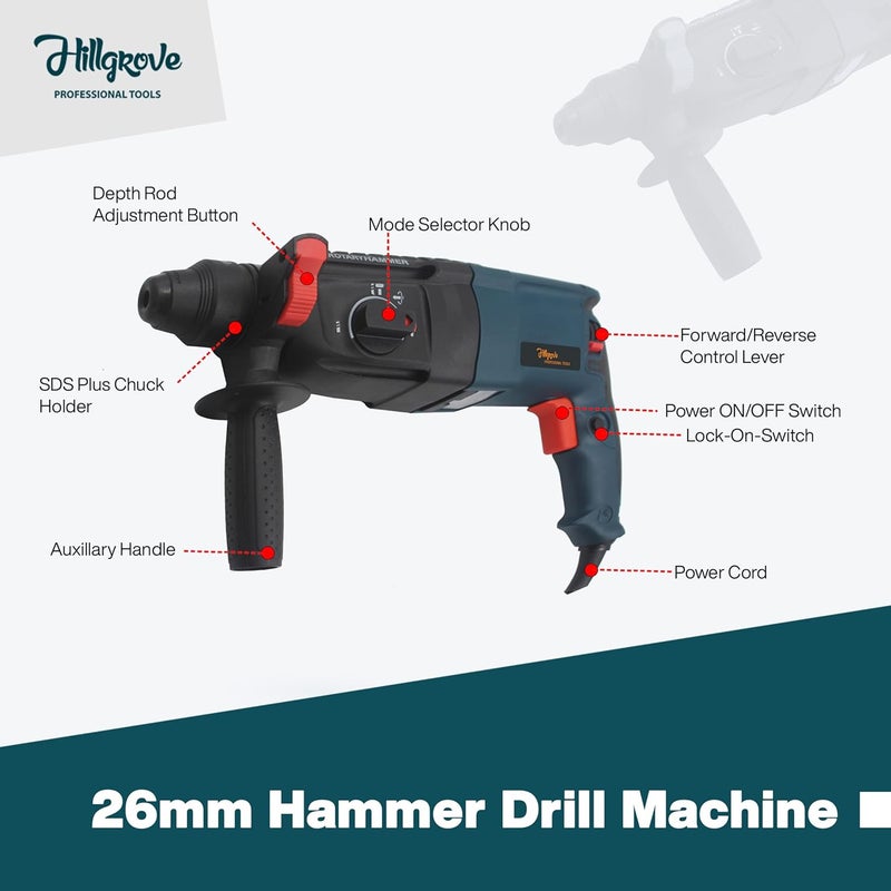 Hillgrove HGCM1031M6 26mm 1200W Hammer Impact Drill Machine ForwardReverse Rotation with 5Pcs SDS Plus Bits and Drill Chunk13mmSDS Adapter for Making Holes in MetalWoodConcrete - Image 2