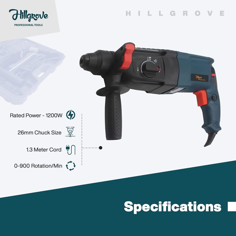 Hillgrove HGCM1031M6 26mm 1200W Hammer Impact Drill Machine ForwardReverse Rotation with 5Pcs SDS Plus Bits and Drill Chunk13mmSDS Adapter for Making Holes in MetalWoodConcrete - Image 3