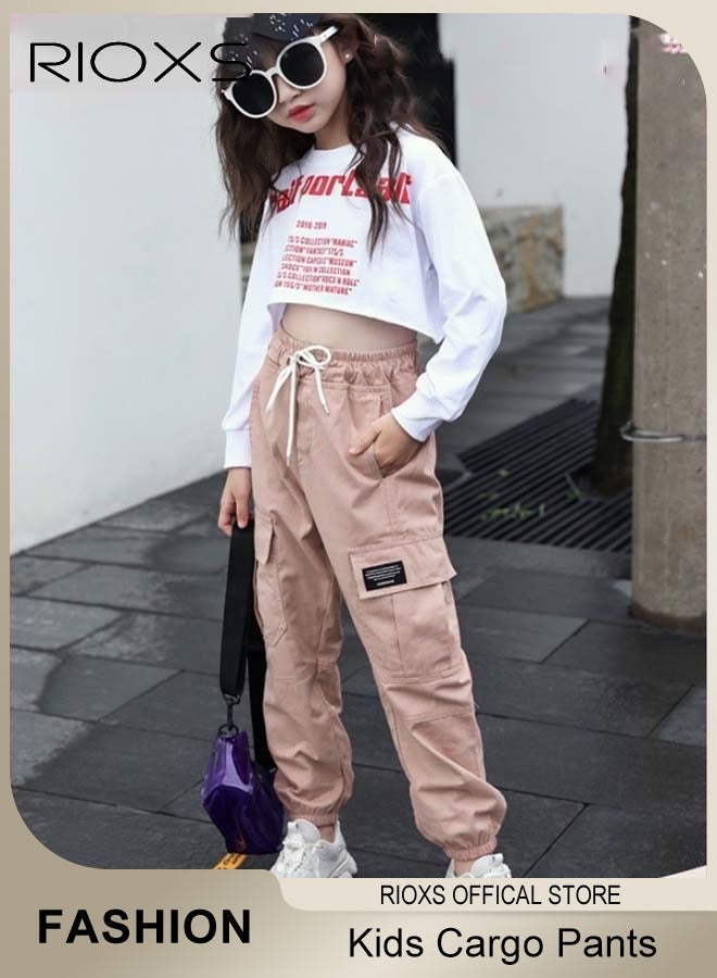 RIOXS Kids Cargo Pants, Skin-friendly Cotton Drawstring Elastic Waist Jogger Pants with Pockets, Lightweight Breathable Quick Dry Cargo Trousers, Multifunctional Fashionable Sports Trousers Sweatpants Joggers for Sschool, Home, Mountain Climbing, Camping, Traveling, Outing and More, Black - Image 2