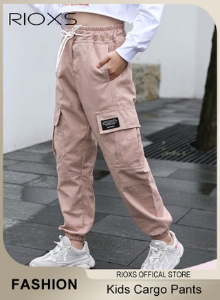 Kids Cargo Pants, Skin-friendly Cotton Drawstring Elastic Waist Jogger Pants with Pockets, Lightweight Breathable Quick Dry Cargo Trousers, Multifunctional Fashionable Sports Trousers Sweatpants Joggers for Sschool, Home, Mountain Climbing, Camping, Traveling, Outing and More, Black