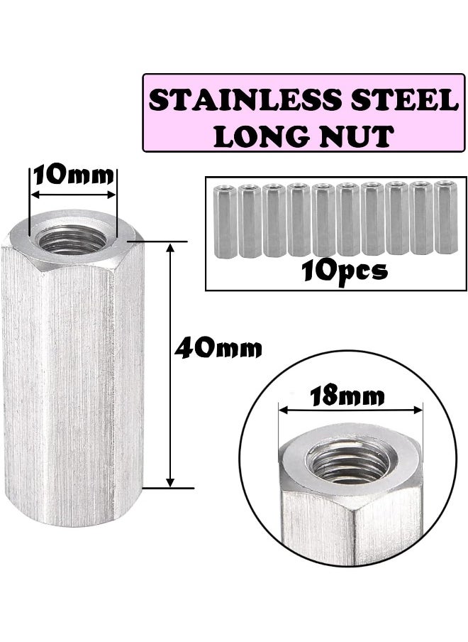 Royal Apex Stainless Steel Threaded Rod Connector Long Nuts Hexagonal Sleeve Coupling Fasteners For Fitting Bolts Studs Screws Etc.. 10Mm 10Pcs  - Image 2