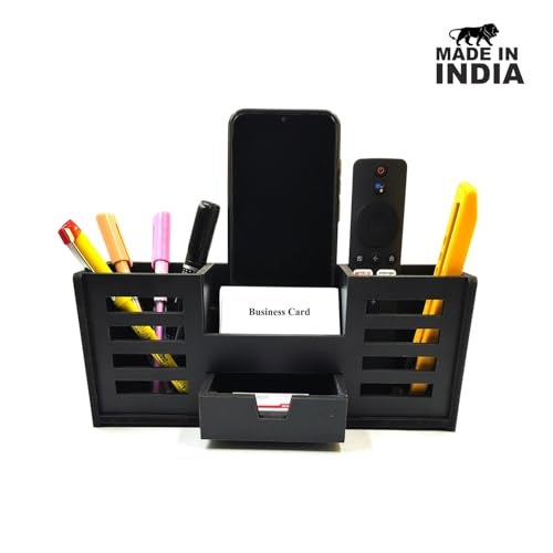 Woodkey Wooden Desk Organizer - Pen Stand with Drawers, Mobile & Card Holder | Multipurpose Office & Study Table Organizer for Pens, Pencils, Stationery & Desk Supplies 4 in 1 (Black) - Image 2