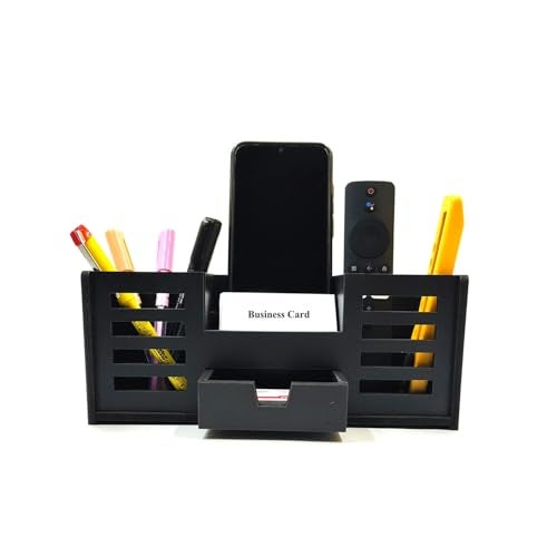 Woodkey Wooden Desk Organizer - Pen Stand with Drawers, Mobile & Card Holder | Multipurpose Office & Study Table Organizer for Pens, Pencils, Stationery & Desk Supplies 4 in 1 (Black) - Image 1