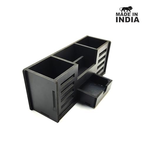 Woodkey Wooden Desk Organizer - Pen Stand with Drawers, Mobile & Card Holder | Multipurpose Office & Study Table Organizer for Pens, Pencils, Stationery & Desk Supplies 4 in 1 (Black) - Image 5