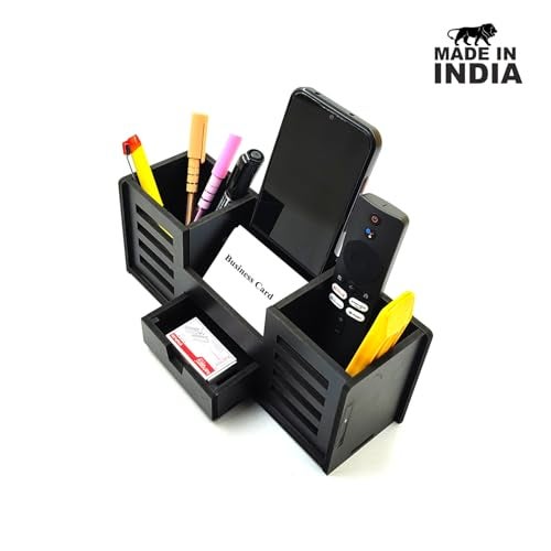 Woodkey Wooden Desk Organizer - Pen Stand with Drawers, Mobile & Card Holder | Multipurpose Office & Study Table Organizer for Pens, Pencils, Stationery & Desk Supplies 4 in 1 (Black) - Image 4