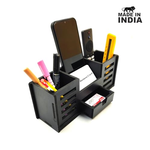 Woodkey Wooden Desk Organizer - Pen Stand with Drawers, Mobile & Card Holder | Multipurpose Office & Study Table Organizer for Pens, Pencils, Stationery & Desk Supplies 4 in 1 (Black) - Image 3