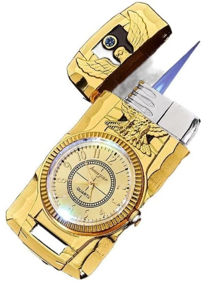 أكاليكس ولاعة بوتان معدنية مقاومة للرياح، حقن مباشر، لهب مفتوح قابل للتبديل، ولاعة ذات شعلة مزدوجة، ولاعة غاز قابلة للتعديل، شمعة ولاعة بوتان تعمل بالغاز النفاث، لون ذهبي للتخييم - Image 1