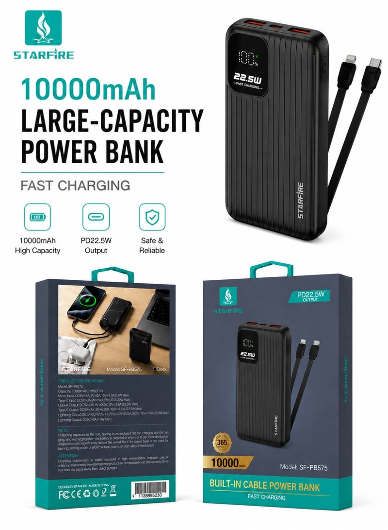 Power Bank, 10000mAh Portable Charger with Built-In USB-C & Lightning Cables, 22.5W Fast Charging, PD20W, LED Display, for iPhone, Samsung and More