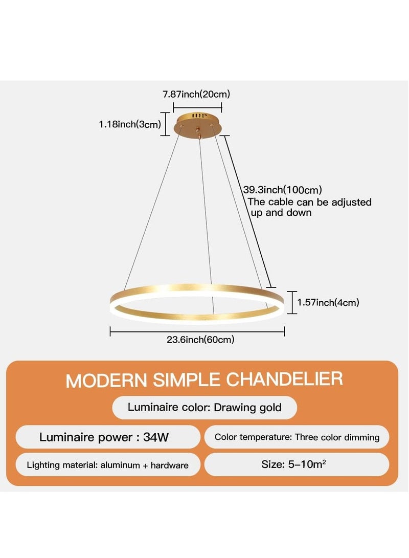 YATAI LIGHTING Modern Led Gold Chandelier, 1 Ring Contemporary Led Chandelier Circular Pendant Light, Dimmable Hanging Ceiling Light Fixture for Living Dining Room Bedroom Staircase Foyer, 3000-6000K,34W. - Image 2