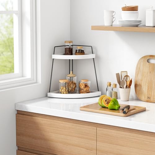 Forbena Corner Bathroom Organizer Countertop, 2Tier Sink Corner Shelf Stand for Kitchen Counter, Modern Coffee Bar Organizer Station, Round Vanity Tray for Men Desk Organization -White and Grey - Image 3