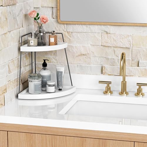 Forbena Corner Bathroom Organizer Countertop, 2Tier Sink Corner Shelf Stand for Kitchen Counter, Modern Coffee Bar Organizer Station, Round Vanity Tray for Men Desk Organization -White and Grey - Image 2