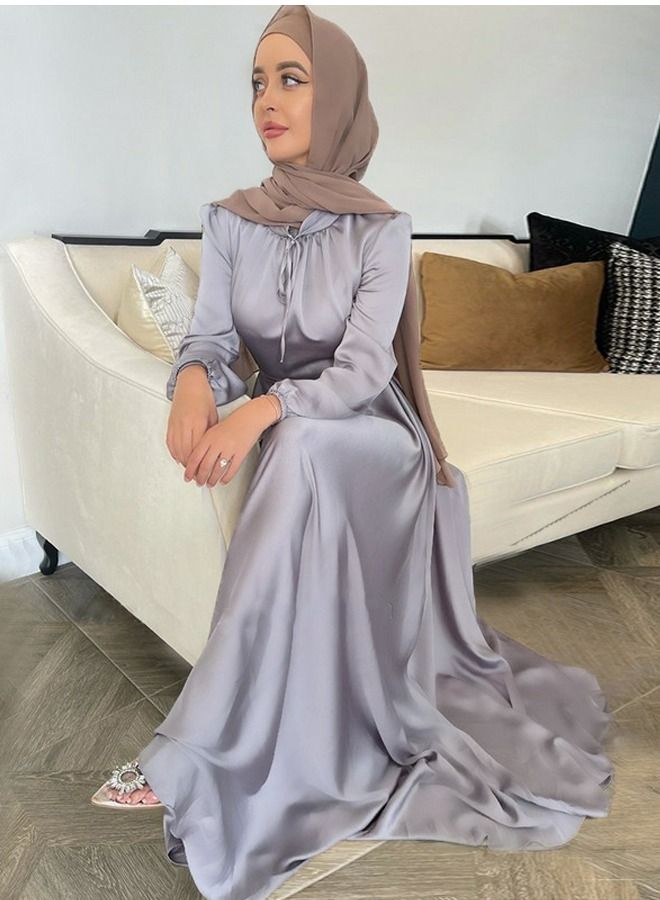Loquat Women's Elegant Full Length Satin Dress Women's Solid Color Long Sleeves Tunic Dress Grey 