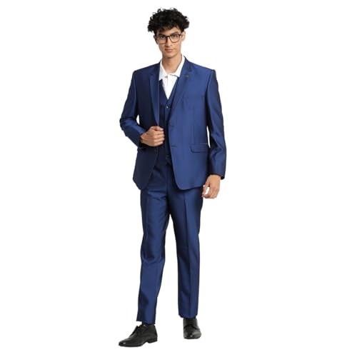 Turtle Men 100% Cotton Dobby Print Full Sleeve Three Piece Blue Party Suit - Image 1