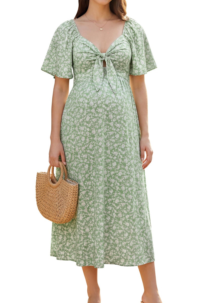 OUGES Maternity Baby Shower Dress for Photoshoot Floral Bow Tie V Neck Short Sleeve Summer Spring Dresses Vacation Wedding Guest Pregnancy Must Haves Clothes 2026(Green Floral,M) - Image 1
