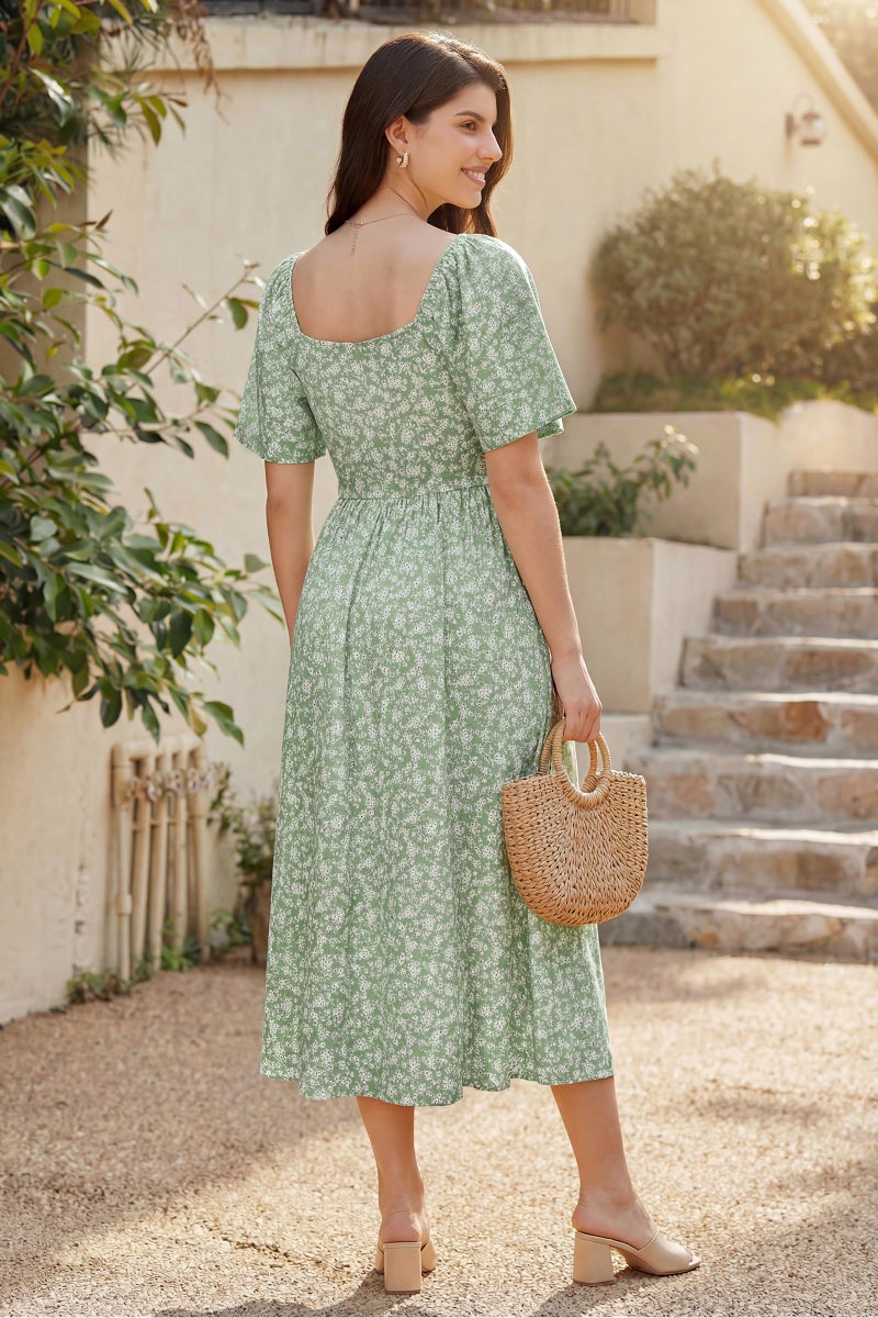 OUGES Maternity Baby Shower Dress for Photoshoot Floral Bow Tie V Neck Short Sleeve Summer Spring Dresses Vacation Wedding Guest Pregnancy Must Haves Clothes 2026(Green Floral,M) - Image 4