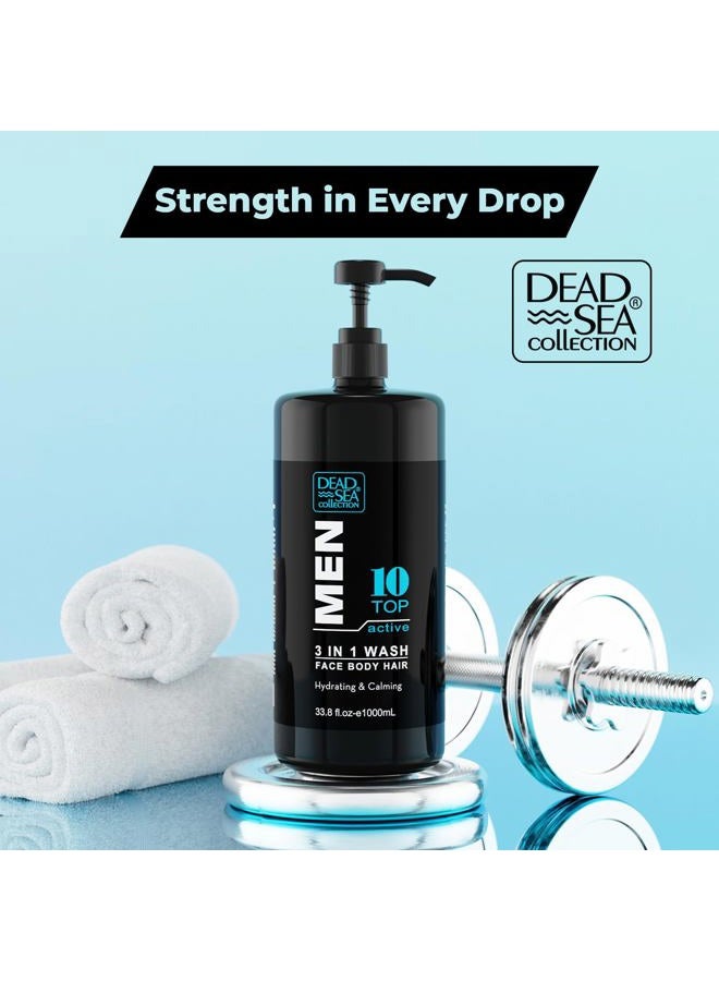 Dead Sea Collection غسول الجسم للرجال 3 في 1 – أفضل 10 غسولات نشطة للرجال – جل استحمام – شامبو – صابون استحمام للوجه والشعر – عبوة من زجاجتين (33.8 أونصة سائلة لكل منهما) - Image 2