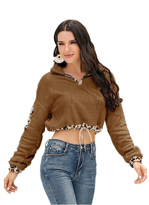 Leopard Color Matching Drawstring Pullover Brown