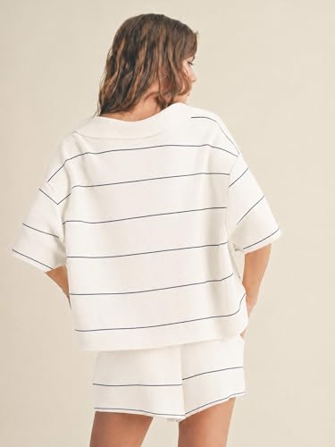 EXLURA Women Summer 2 Piece Outfits Faux Cashmere Sweater Knit Oversized Polo V Neck Top Matching Shorts Vacation Lounge Sets - Image 5