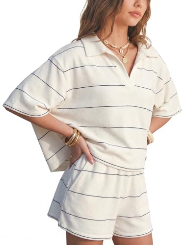 EXLURA Women Summer 2 Piece Outfits Faux Cashmere Sweater Knit Oversized Polo V Neck Top Matching Shorts Vacation Lounge Sets - Image 1