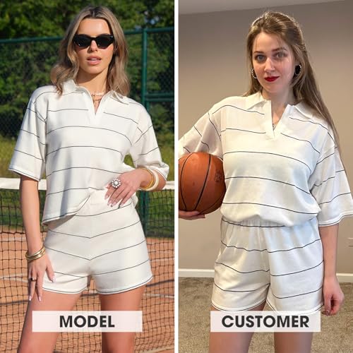 EXLURA Women Summer 2 Piece Outfits Faux Cashmere Sweater Knit Oversized Polo V Neck Top Matching Shorts Vacation Lounge Sets - Image 2