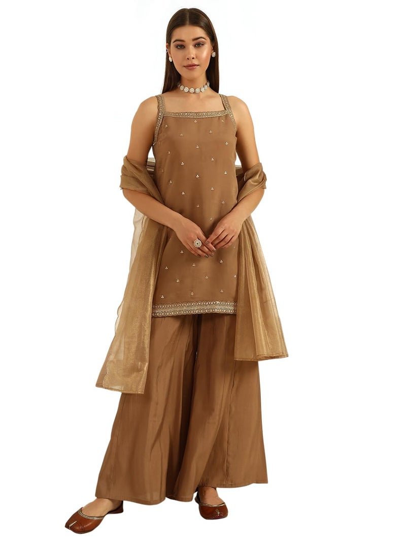 FIORRA Women's Brown Viscose Chanderi Straight Kurta with Palazzo and Dupatta SET0178 - Image 1