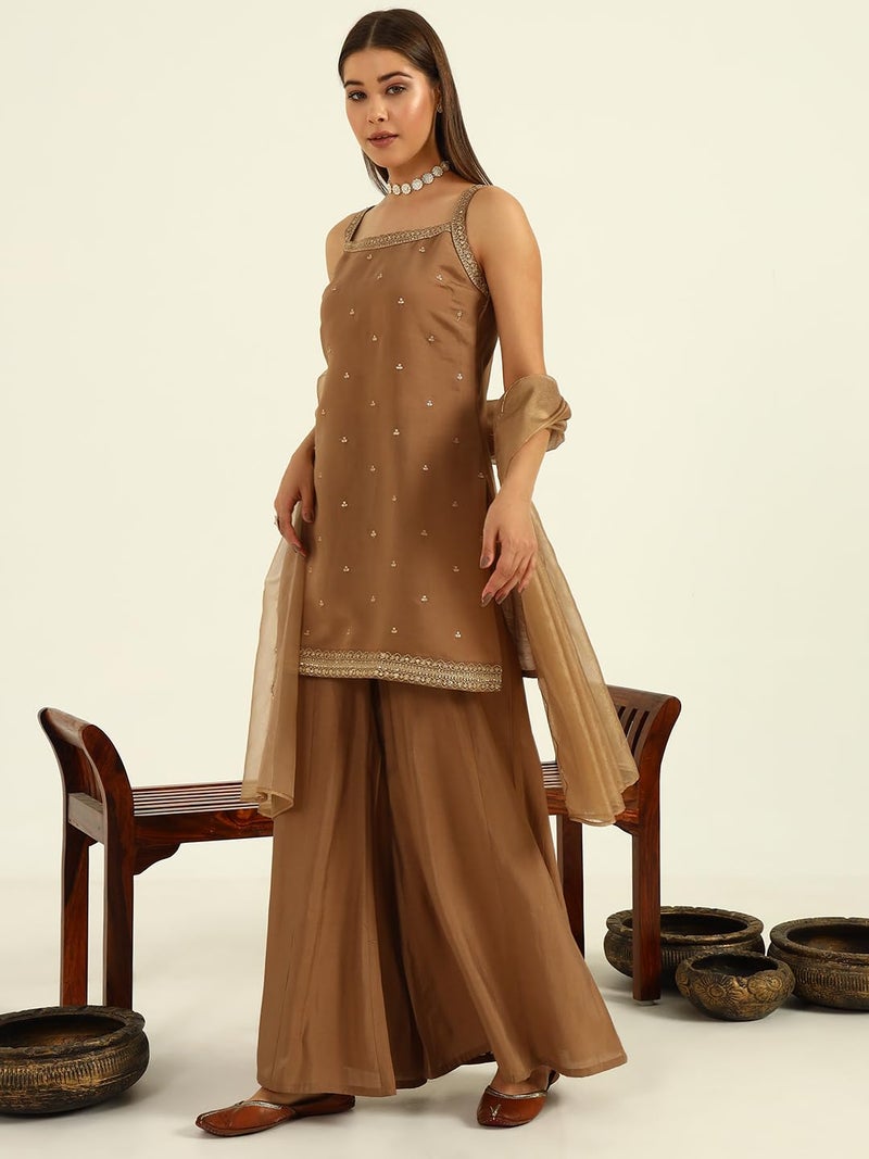 FIORRA Women's Brown Viscose Chanderi Straight Kurta with Palazzo and Dupatta SET0178 - Image 4