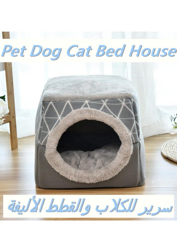 Generic Pet Dog Cat Bed House, Foldable 2 in 1 Cat Cave,Semi-Enclosed Dog Kennel,Warm Soft Pet Nest,Plush Cube Fluff Cottonk,Pet Dog Cat Bed House with Detachable Cushion, Washable Pet Sleeping Tent House,Wear And Bite Resistant,Pet Dog Cat Bed House with Ultra-soft Plush  - Image 1