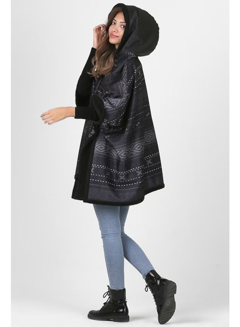 Hamur Dough Hooded Oversize Buttoned Inside Black Plush Velvet Coat Dote KK-804 - Image 3