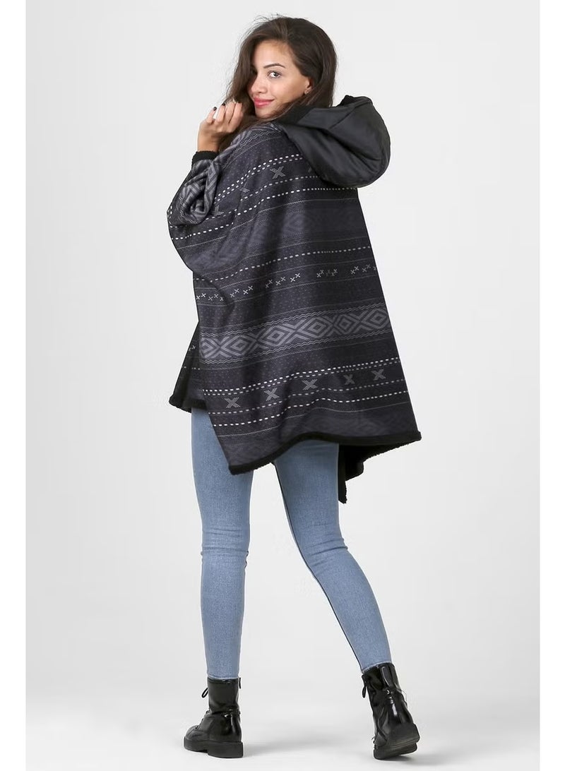 Hamur Dough Hooded Oversize Buttoned Inside Black Plush Velvet Coat Dote KK-804 - Image 2