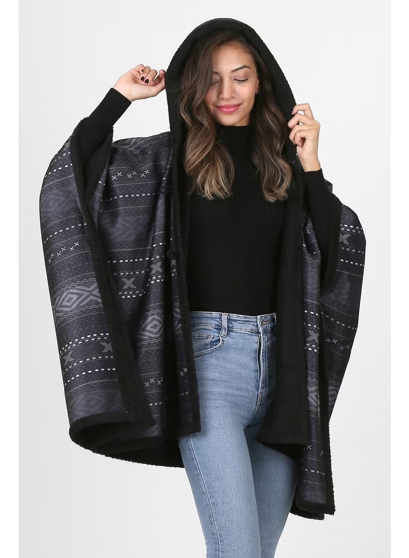 Hamur Dough Hooded Oversize Buttoned Inside Black Plush Velvet Coat Dote KK-804 - Image 1