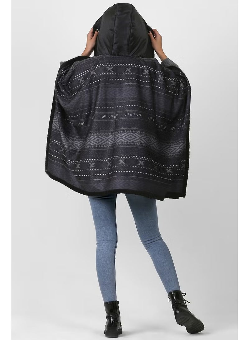 Hamur Dough Hooded Oversize Buttoned Inside Black Plush Velvet Coat Dote KK-804 - Image 4
