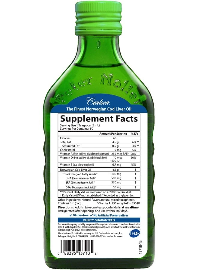 Carlson - Cod Liver Oil, 1100 mg Omega-3s, Plus Vitamins A and D3, Wild Caught Norwegian Arctic Cod Liver Oil, Sustainably Sourced Nordic Fish Oil Liquid, Green Apple, 250 mL (8.4 Fl Oz) - Image 2