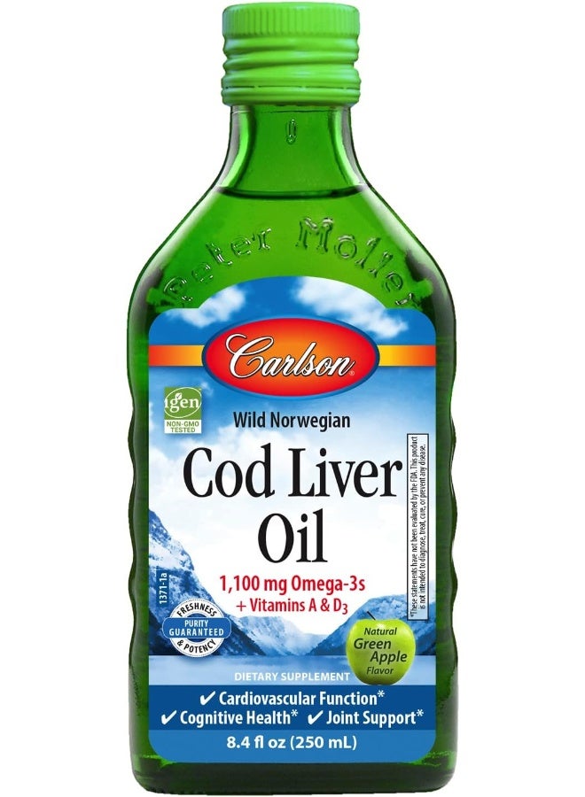 Carlson - Cod Liver Oil, 1100 mg Omega-3s, Plus Vitamins A and D3, Wild Caught Norwegian Arctic Cod Liver Oil, Sustainably Sourced Nordic Fish Oil Liquid, Green Apple, 250 mL (8.4 Fl Oz) - Image 1